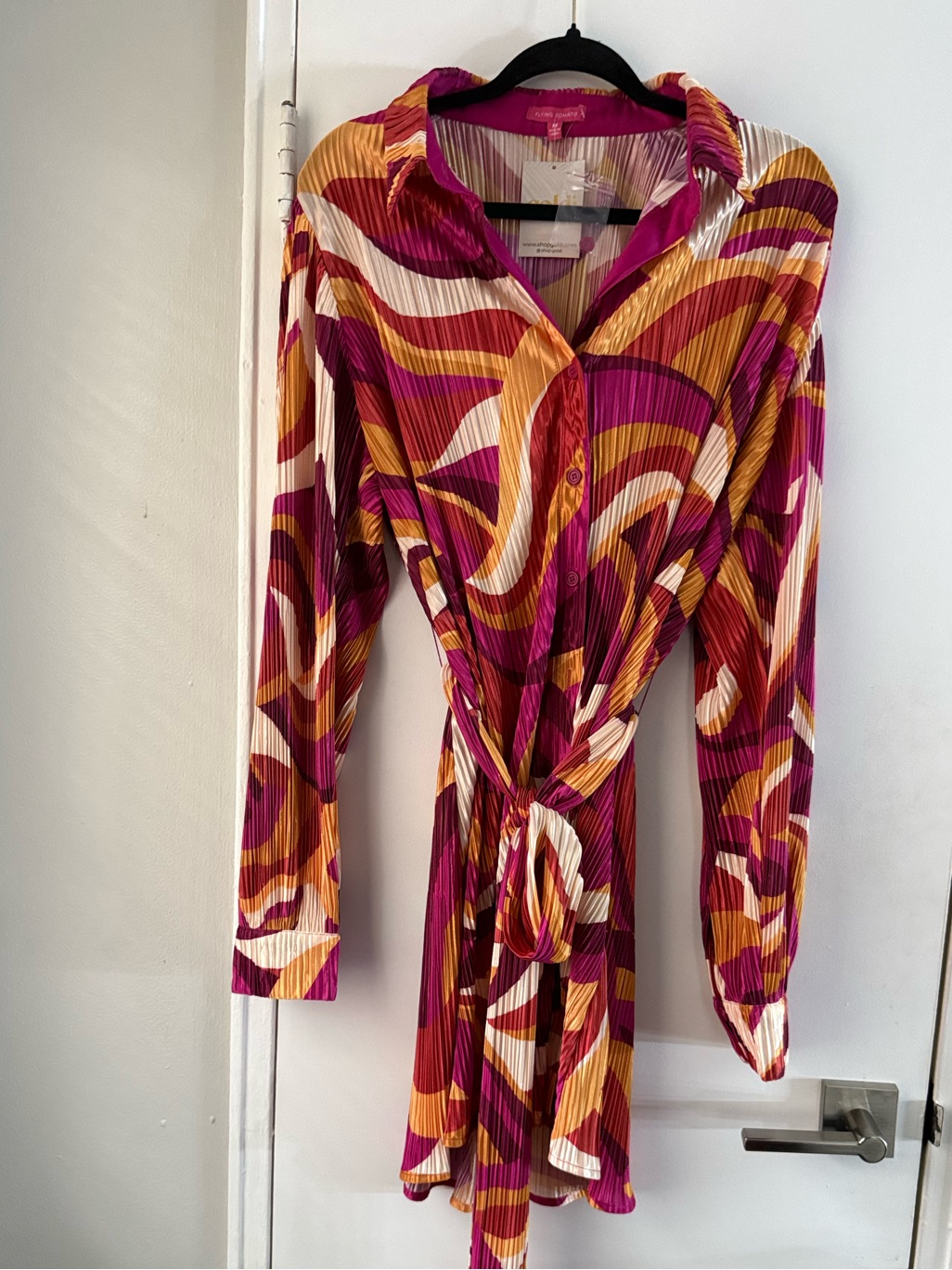 Flying Tomato Pleated Printed Mini Dress Orange Pink Sz Medium $76 Nwt